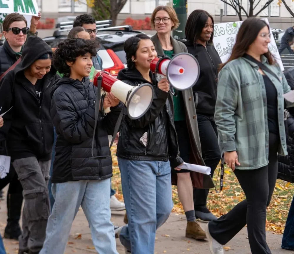 Student protestors walking out of school.